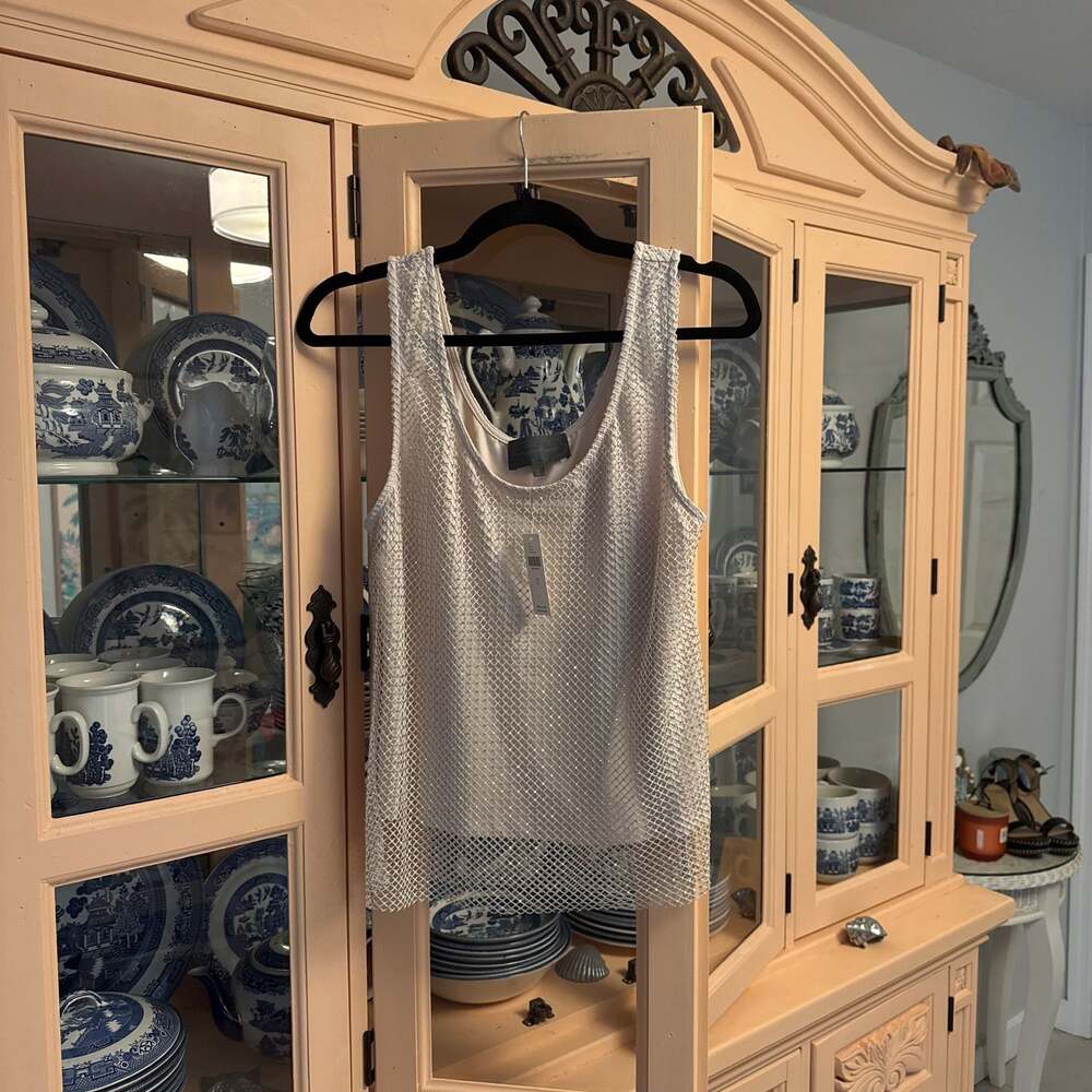 Sunday in Brooklyn Anthropologie Rhinestone Mesh Tank Top Ivory